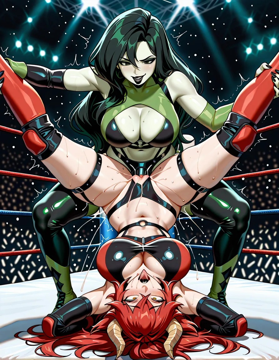 Zentreya_(vtuber)-dragon_horns , shego, 2girls yuri sex , wrestling_ring, wrestling orgasm pussy_juice, defeated,, squirting strap-on bruises, ahegao,, hentai_studio_quality, hentai_studio_quality, hentai_studio_quality