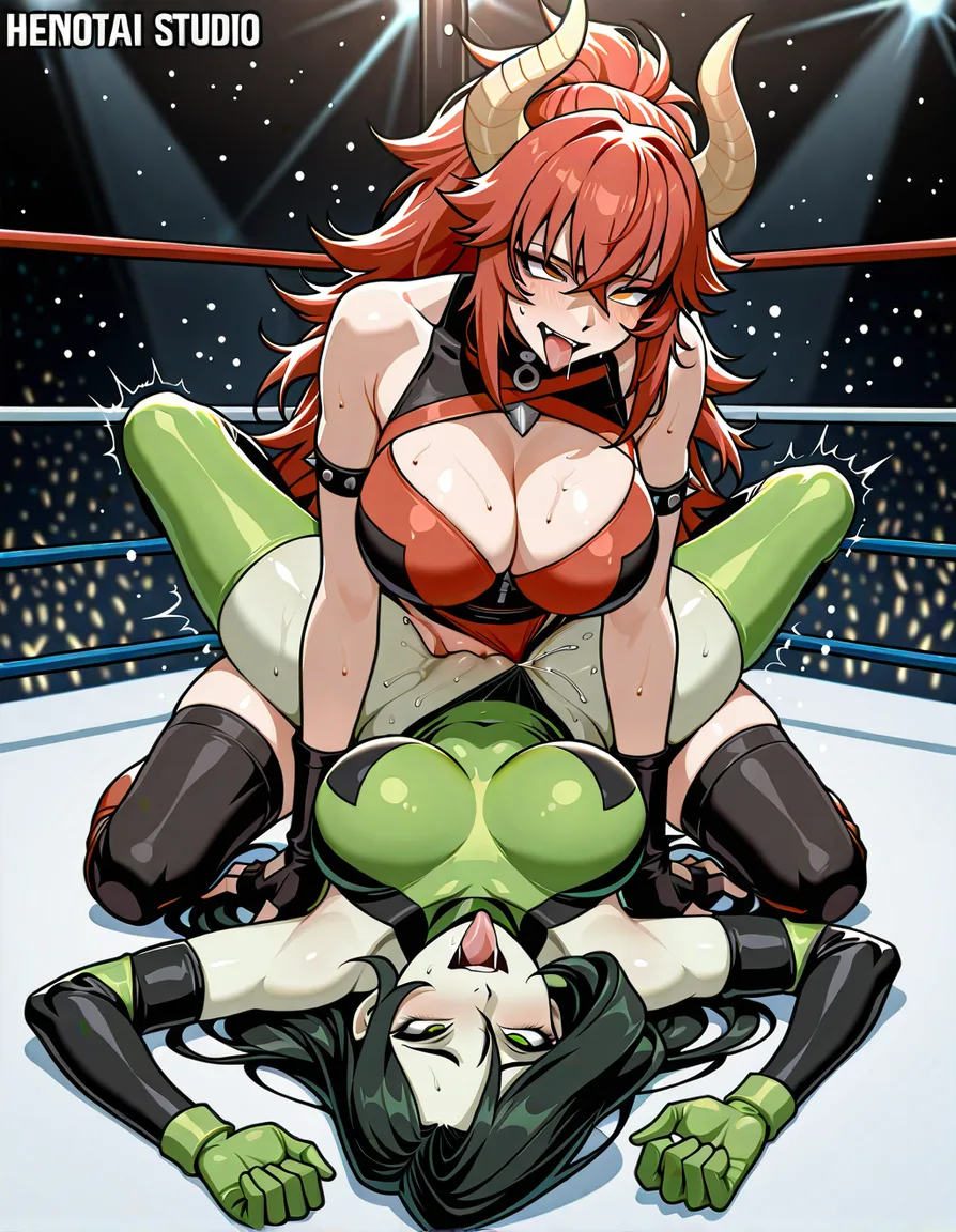 Zentreya_(vtuber)-dragon_horns , shego, 2girls yuri sex , wrestling_ring, wrestling   orgasm pussy_juice, defeated,, squirting bruises, ahegao , pussy-to-pussy tribadism, hentai_studio_quality, hentai_studio_quality