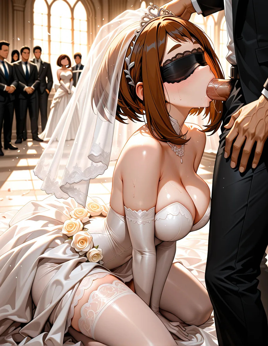 @uraraka_ochaco #wedding_dress #bridal_veil #lace #fellatio #kneeling #public_indecency #blindfold #brown_hair, hentai_studio_quality