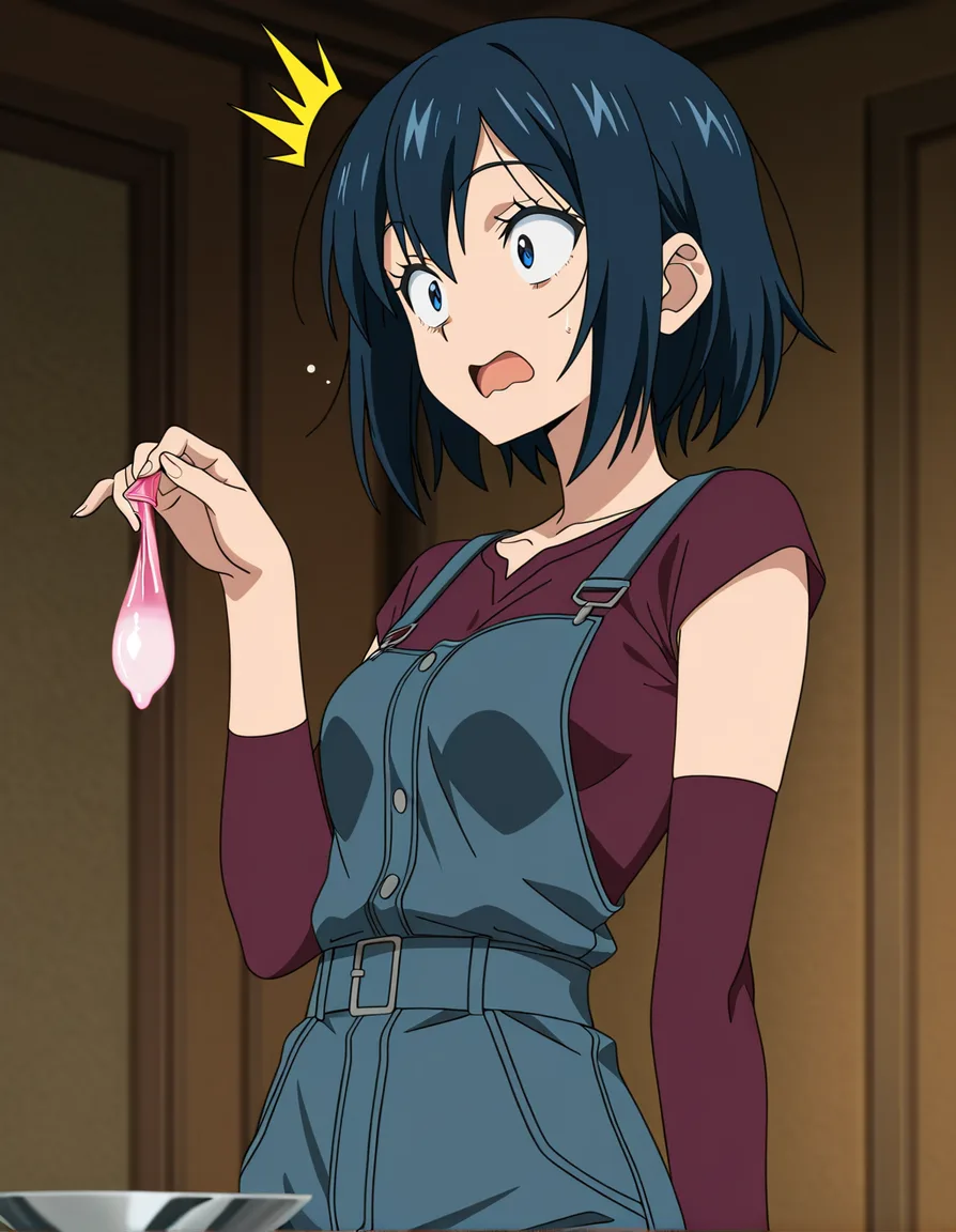 ultra detailed, girl shocked to find used condom full of semen, clothed, holding up condom, surprised but curious, small breasts, (anime style:1.3), 2d, anime screencap, cel shading, flat color
