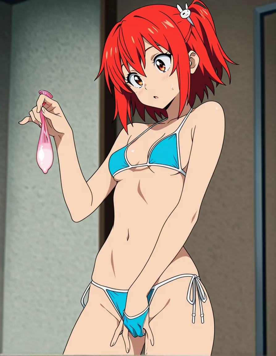 ultra detailed, girl eager to find used condom full of semen, swimsuit , holding up condom, curious, very small breasts, masturbation, (anime style:1.3), 2d, anime screencap, cel shading, flat color