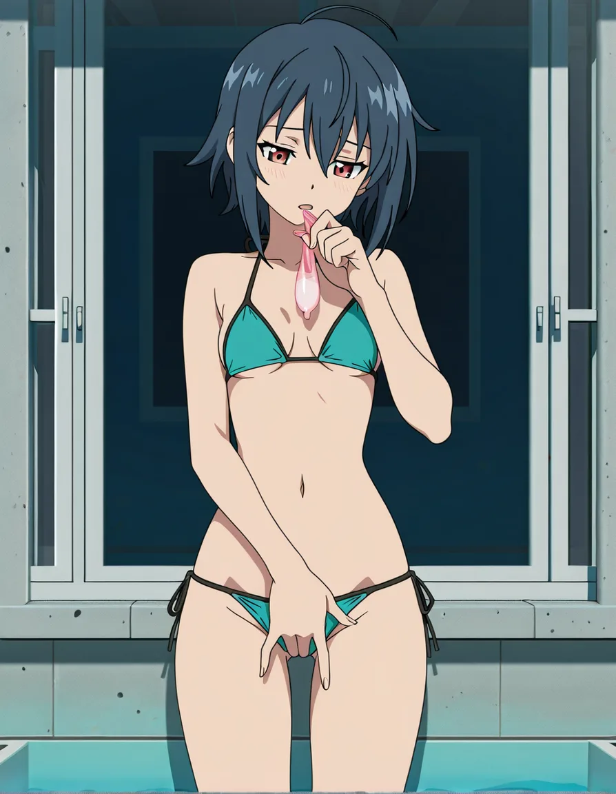 ultra detailed, girl finds used condom full of semen, swimsuit , holding up condom, very small breasts, masturbation, pool party outside window, (anime style:1.3), 2d, anime screencap, cel shading, flat color, (anime style:1.3), 2d, anime screencap, cel shading, flat color