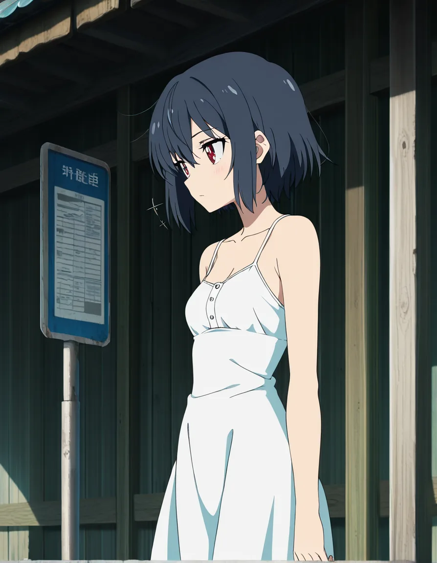 very small breasts, sundress, bashful girl flashes man at bus stop so he can take picture,, (anime style:1.3), 2d, anime screencap, cel shading, flat color