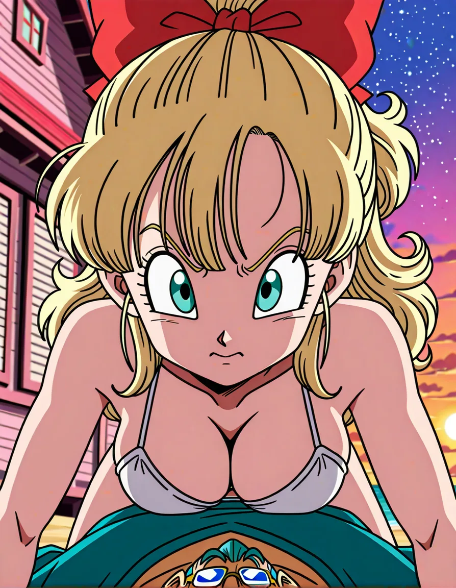ultra detailed highres, The characters Bulma and Launch, from Akira Toriyama's anime *Dragon Ball*, are both wearing bikinis and lying sensually on their Capsule Corp towels at the beach near Master Roshi's Kame House. Bulma has blue eyes and straight, light blue hair that reaches her shoulders. Launch has serious face expression, green eyes and long voluminous wavy blonde hair that reaches her back and she use red bow on top of her head. Old beard with sun glasses Master Roshi appears behind them with a funny expression upon seeing Bulma and Launch., (anime style:1.3), 2d, anime screencap, cel shading, flat color