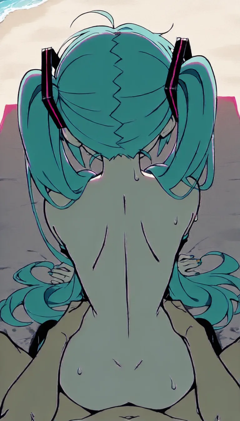 Hatsune Miku, 1girl, kneeling, sex, doggystyle, pov, soft lighting, public beach