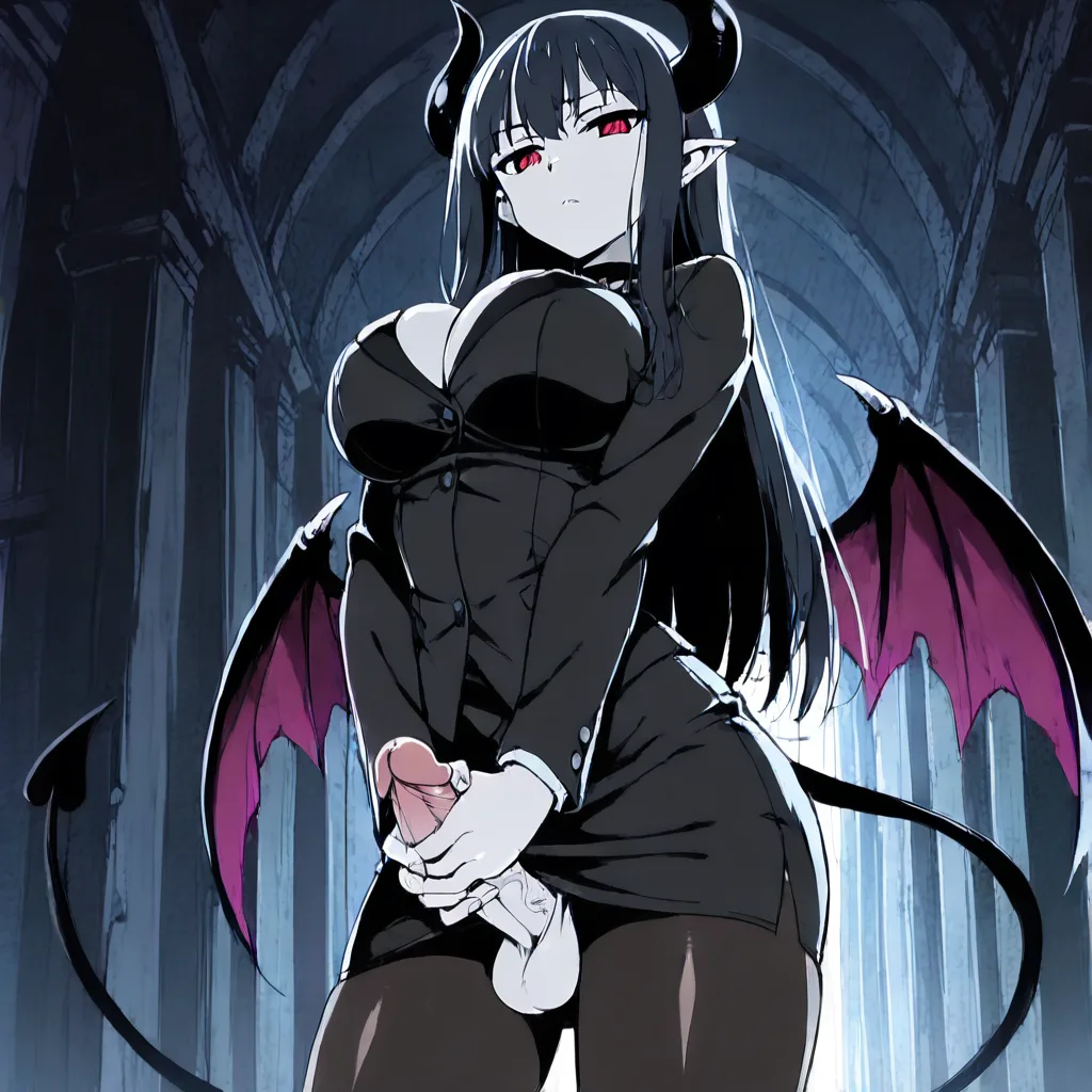 ultra HD, lifelike, succubus, black hair, pantyhose, handjob, dramatic lighting, 8k, with a black jacket, dancing breast,with some futanari dance