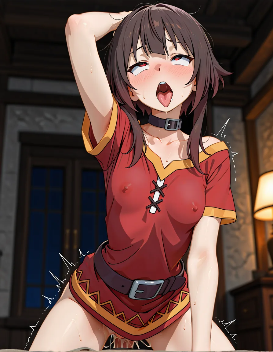 best quality, explicit detail, ,, short sleeves, ahegao, transparent background, manga panel look , megumin from konosuba nude, score_9, score_8, 3d render, octane render, subsurface scattering, ray tracing, smooth shading