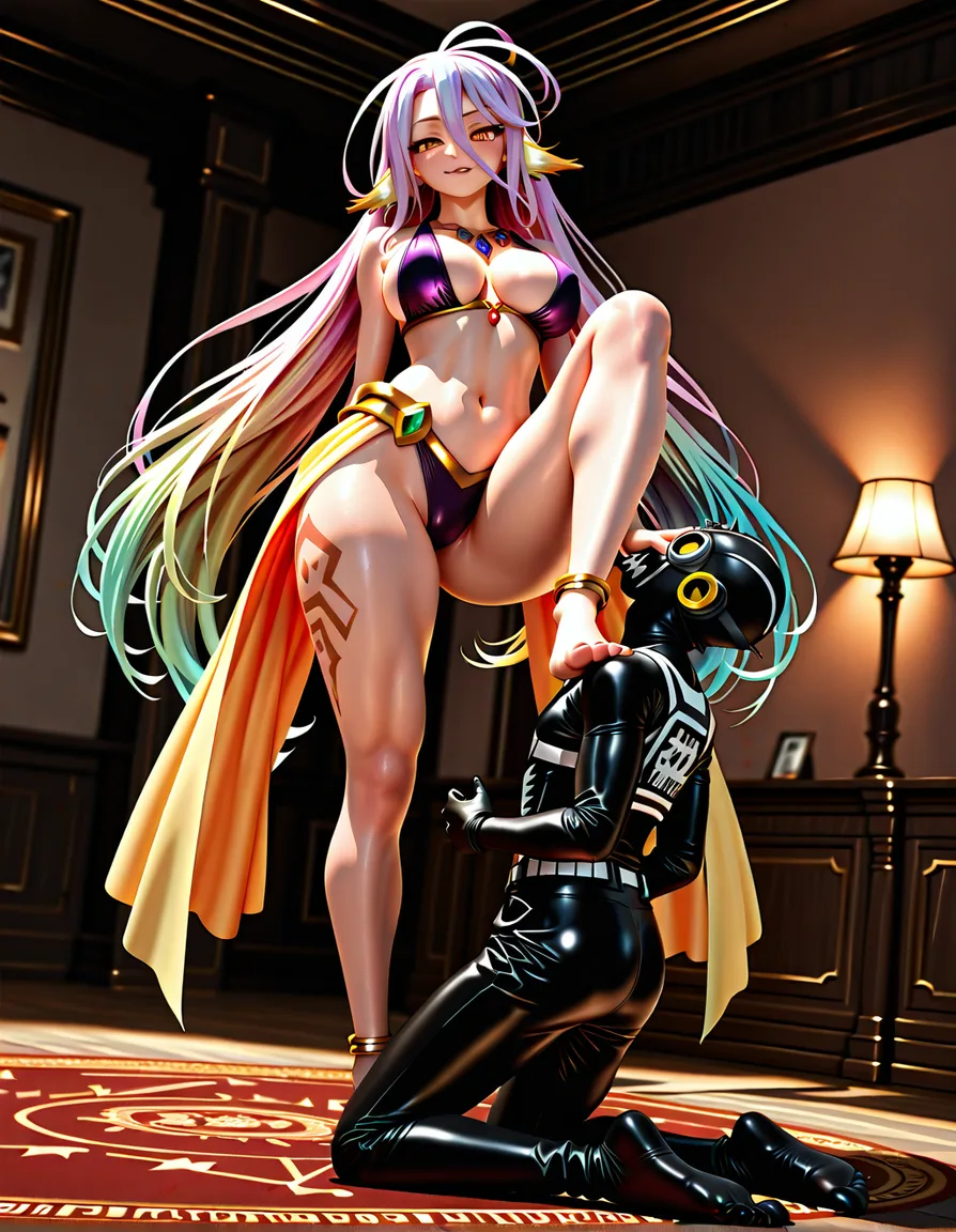 20 years old girl No Game No Life, standing up on one leg, dominant expression, seductive piercing eyes, alternative outfit, intricate jewelry, foot pressing firmly in a man's throat, girl toes in man's mouth, dominance, femdom, ornate gold anklets, delicate jeweled toe rings, sexy legs, flawless skin texture, curvaceous body, cinematic lighting, dramatic shadows, big thighs, size difference, larger female, smaller male, trample, foot in mouth, hentai_studio_quality, score_9, score_8, 3d render, octane render, subsurface scattering, ray tracing, smooth shading