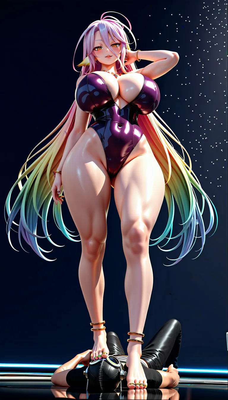 Sexy girl, no game no Life, standing up on one leg, High knee, dominant expression, seductive piercing eyes, alternative outfit, intricate jewelry, trample, dominance, femdom, foot on face, ornate gold anklets, delicate jeweled toe rings, sexy legs, flawless skin texture, curvaceous body, cinematic lighting, dramatic shadows, big thighs, big hips, big boobs, size difference, larger female, smaller male, [hentai-style], score_9, score_8, 3d render, octane render, subsurface scattering, ray tracing, smooth shading, hentai_studio_quality, score_9, score_8, 3d render, octane render, subsurface scattering, ray tracing, smooth shading, score_9, score_8, 3d render, octane render, subsurface scattering, ray tracing, smooth shading, hentai_studio_quality, hentai_studio_quality
