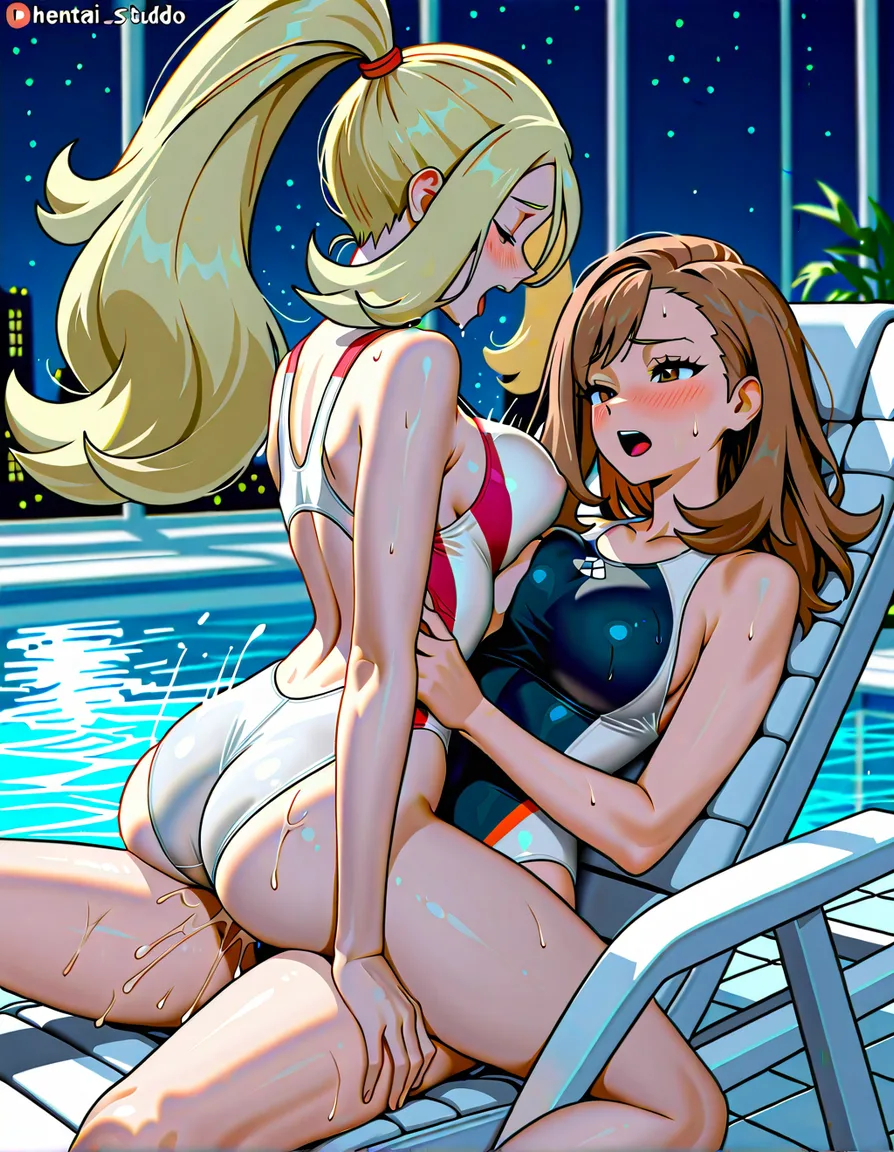 2girls, multiple_girls, @korrina_(pokemon), @taunie_(pokemon), yuri, lesbian, on back, girl_on_top, humping, cowgirl_position, white competition_swimsuit, grabbing_another's_breast, blush, moaning, orgasm, in pool chair., hentai_studio_quality, hentai_studio_quality