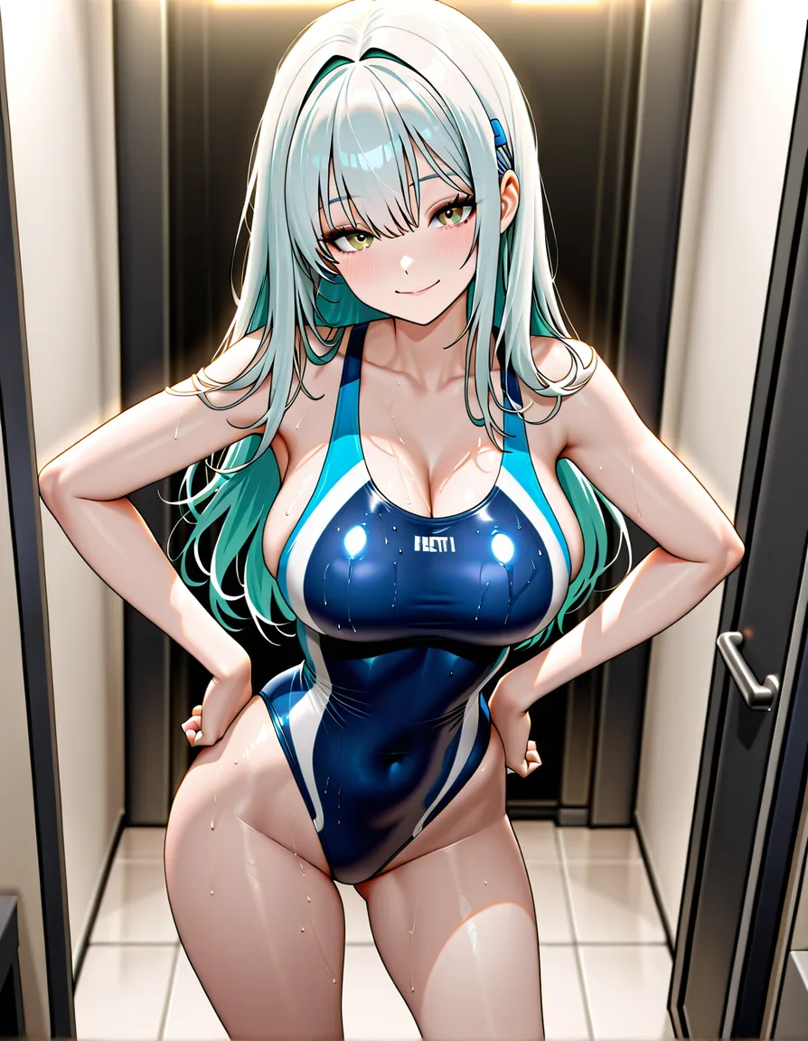 @neon_(nikke), standing, legs_apart, seductive_smile, closed_mouth, looking_at_viewer, sexually_suggestive, hands_on_own_hips, blue competition_swimsuit, in dressing room., hentai_studio_quality