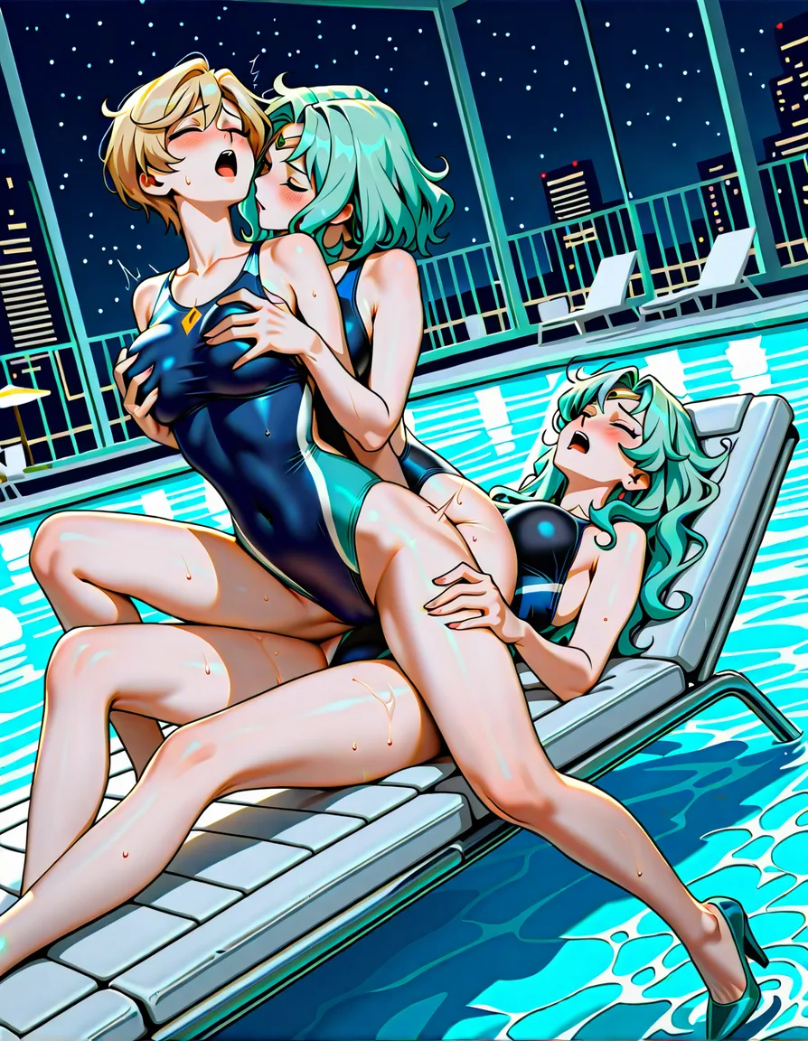 2girls, multiple_girls, @sailor_uranus, @sailor_neptune, yuri, lesbian, on_back, legs_apart, girl_on_top, blue competition_swimsuit, aqua, competition_swimsuit, blue high_heels, aqua high_heels, blush, closed_eyes, humping, cowgirl_position, grabbing_another's_breast, moaning, orgasm, in pool chair, night., hentai_studio_quality