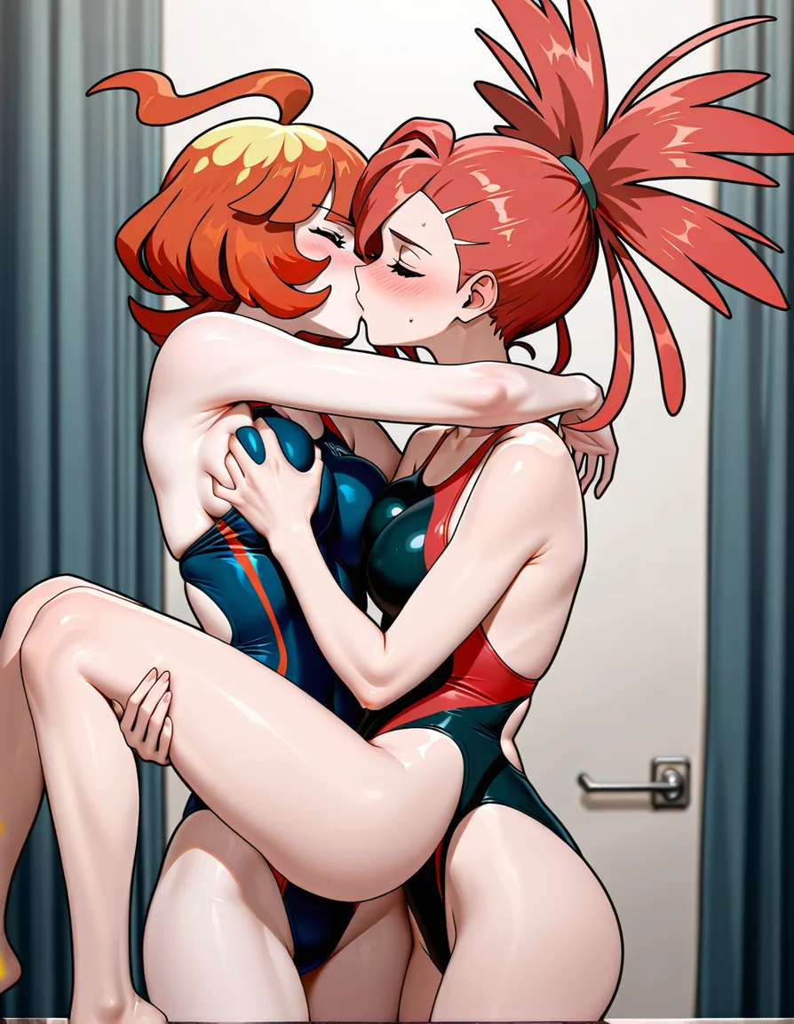 @mela_(pokemon), @flannery_(pokemon), yuri, lesbian, red competition_swimsuit, standing, princess_carry, grabbing_another's_breast, blush, closed eyes, kissing, in dressing room, 2girls, multiple_girls., hentai_studio_quality