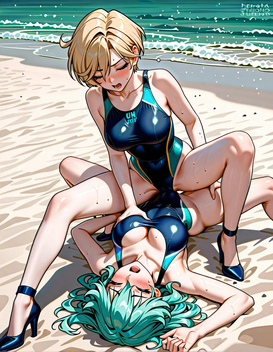 2girls, multiple_girls, @sailor_uranus, dark blue competition_swimsuit, dark blue high_heels, @sailor_neptune, aqua competition_swimsuit, aqua high_heels, yuri, lesbian, on_back, girl_on_top, blush, closed_eyes, grabbing_another's_breast, humping, cowgirl_position, legs_apart, moaning, orgasm, beach., hentai_studio_quality