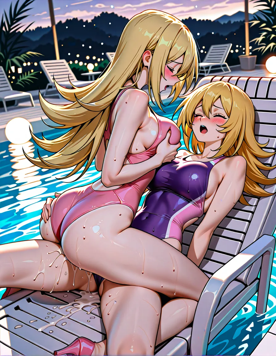2girls, multiple_girls, @dark_magician_girl, no_headwear, pink competition_swimsuit, pink high_heels, @nami_(one_piece), lavender competition_swimsuit, yuri, lesbian, on_back, girl_on_top, blush, closed_eyes, straddling, humping, cowgirl_position, legs_apart, grabbing_own_breast, grabbing_another's_ass, moaning, orgasm, in pool chair, outdoors., hentai_studio_quality