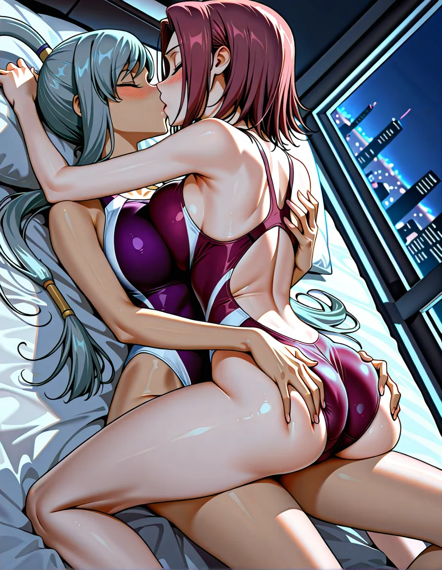 2girls, multiple_girls, @kouzuki_kallen, maroon competition_swimsuit, @villetta_nu_(code_geass), purple competition_swimsuit, yuri, lesbian, on back, girl_on_top, hug, grabbing_another's_ass, grabbing_another's_breast, kissing, blush, closed_eyes, straddling, legs_apart, on bed, night., hentai_studio_quality, hentai_studio_quality