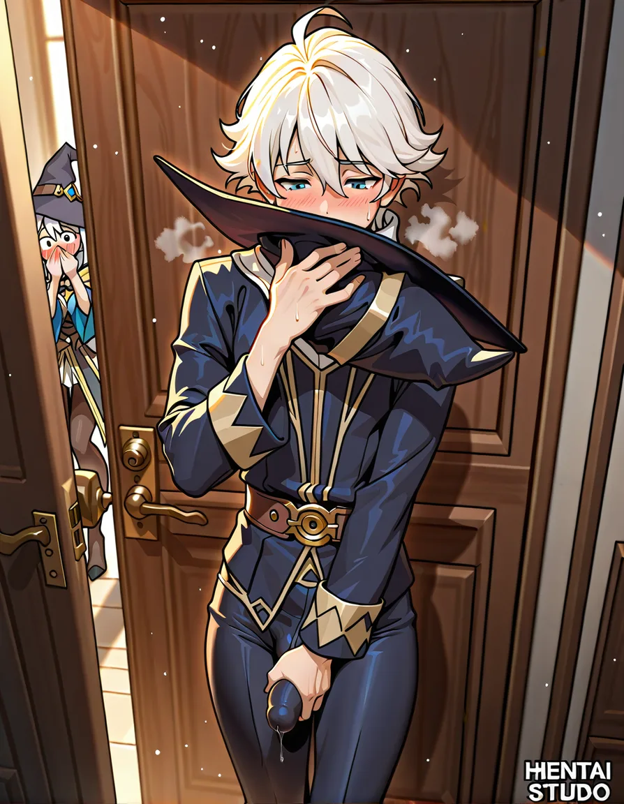 masterpiece, boner, bulge, qifrey, witch hat atelier, white hair, blush, masturbation, pervert, covering_own_mouth, voyer, door, precum, sweat, heavy_breathing, hentai_studio_quality, male_focus, hentai_studio_quality