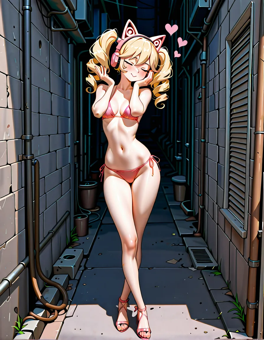studio quality, best quality, Masterpiece, Detailed, shorty girl girl short, thin, narrow_waist, small_breasts, blonde_hair, long curly_hair, light peach skin, two long ponytails, pink headphones in a shape of Cat ears, super thin tight high profile single piece pink bikini, open toe pink heels, standing, solo, crossed_legs, sending kisses, back alley, hentai_studio_quality