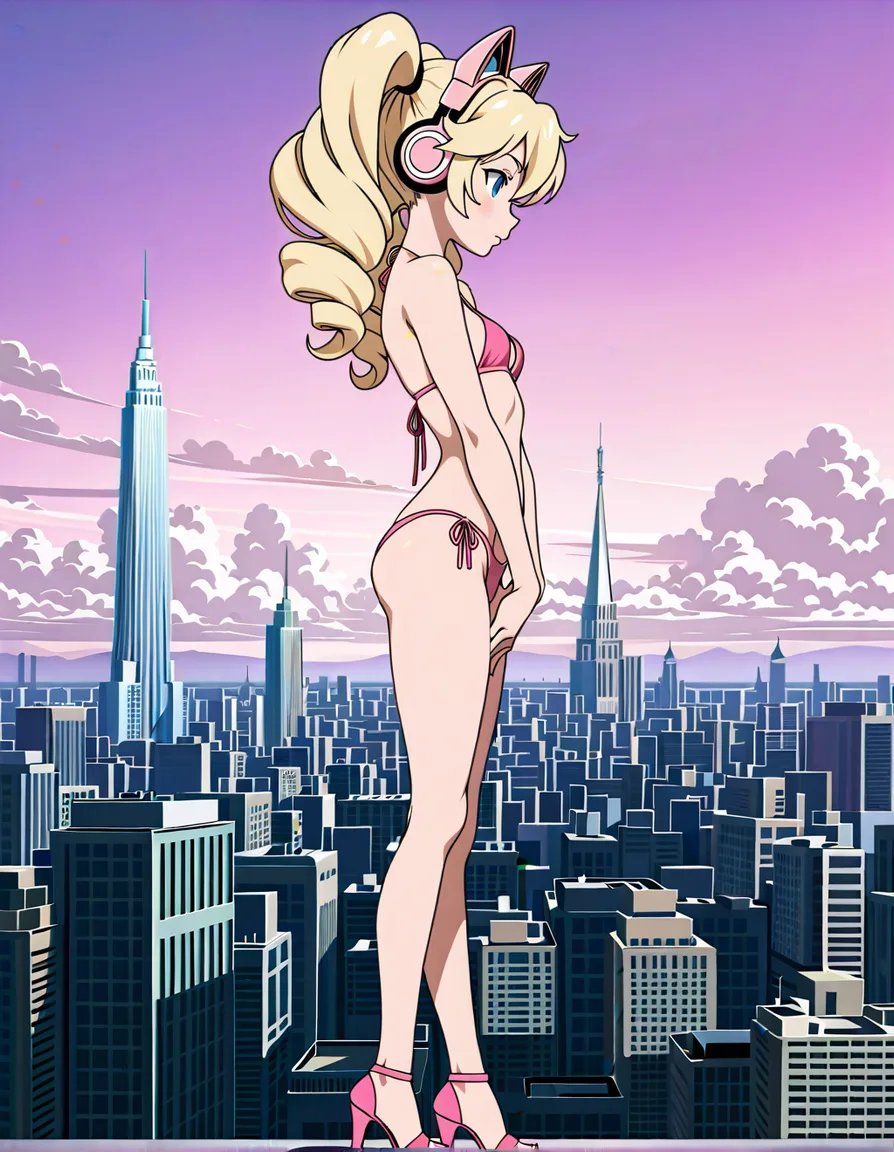 studio quality, best quality, Masterpiece, Detailed, shorty girl girl short, thin, narrow_waist, small_breasts, blue eyes, blonde_hair, long curly_hair, light peach skin, two long ponytails, pink headphones in a shape of Cat ears, super thin tight high profile pink single piece bikini, with thin strings, open toe pink heels, standing, solo, crotch rubbing, crossed_legs, City in clouds, pointy White towers, from_side view, visible ass, hentai_studio_quality,, (anime style:1.3), 2d, anime screencap, cel shading, flat color
