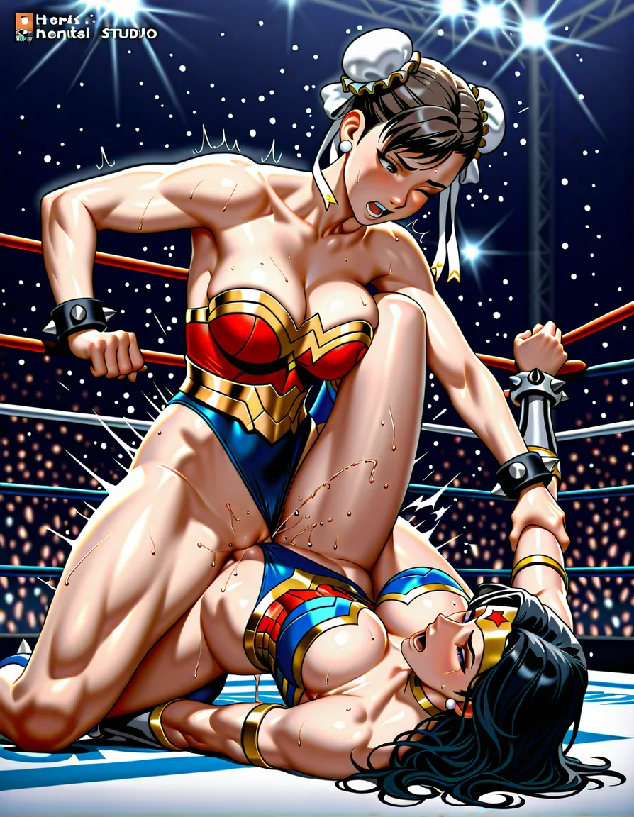 2girls , Best_quality, ultra_detailed, wonder_woman_(dc) , @chun-li , yuri sex ,wrestling_ring wrestling defeated, pussy_juice squirting orgasm , tribadism wince, on_side on_floor,, hentai_studio_quality, hentai_studio_quality, hentai_studio_quality