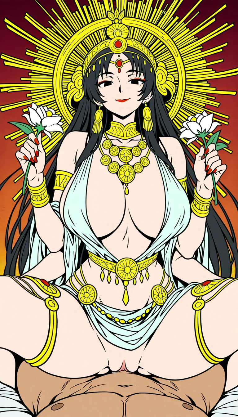 Maa Durga with multiple arms, Beautiful, ethnicity Hindu, Bengali, red lipstick, Accurate Anatomy, symmetrical body structure, Big chest, Thick thighs and arms, thick pelvis, blouse with intricate patterns and saree , Adorned Heavily in Indian Ornaments, black eyes, POV Sex, Symmetrical Tight Straddling Position, Having sex with viewer, vaginal sex, big all around Mukut Crown, devine radiance, Calm and Graceful Expression, confident smile with Erotic Expressions, flowers around in Symmetrical order, holding flowers, floral necklace,