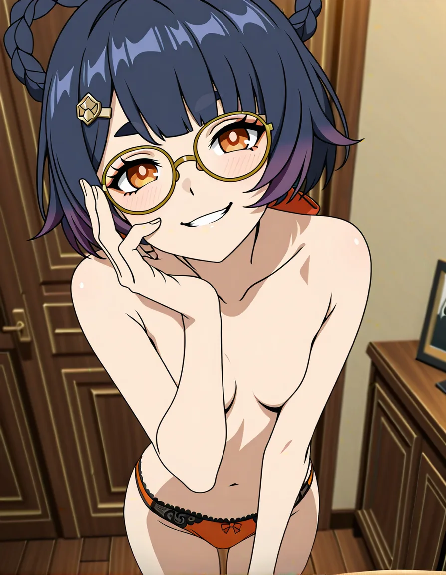 @xiangling_(genshin_impact), glasses, standing in bedroom, /hentai_studio_quality, small_breasts, naughty_face, no bra, red_panties, red_eyes, hentai_studio_quality, no shirt, looking_at_viewer, turned on face, hentai_studio_quality, purple dyed hair ends, black_hair, hentai_studio_quality, (anime style:1.3), 2d, anime screencap, cel shading, flat color