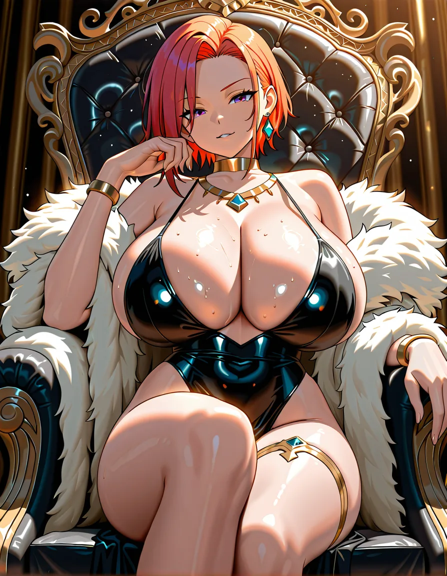 (hot busty beauty futanari girl), 24yo supermodel LUC1LL3, short stylish hair, beauty face, huge breasts, sit seductive on a throne, fur coat, jewelry, romantic gaze, dynamic pose, sexy environment, hentai_studio_quality