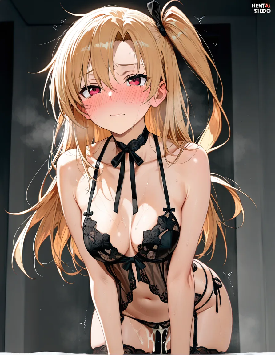 /highres /sharp_focus doujin_style cleveland_(azur_lane) lingerie looking_to_the_side embarrassed blush cumdrip, hentai_studio_quality