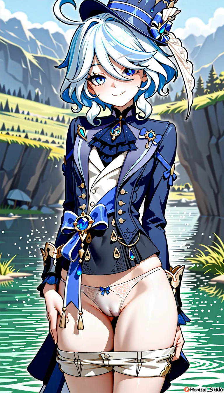 Masterpiece, Genshin impact stylem Furina, shorts down, panties, cameltoe, lake, look at viewer, outfit, smile,.,,, value:0.1 for: hentai_studio_quality.,,,,,,,,,,, hentai_studio_quality, hentai_studio_quality, hentai_studio_quality, hentai_studio_quality, hentai_studio_quality, hentai_studio_quality, hentai_studio_quality, hentai_studio_quality, hentai_studio_quality, hentai_studio_quality, hentai_studio_quality, hentai_studio_quality