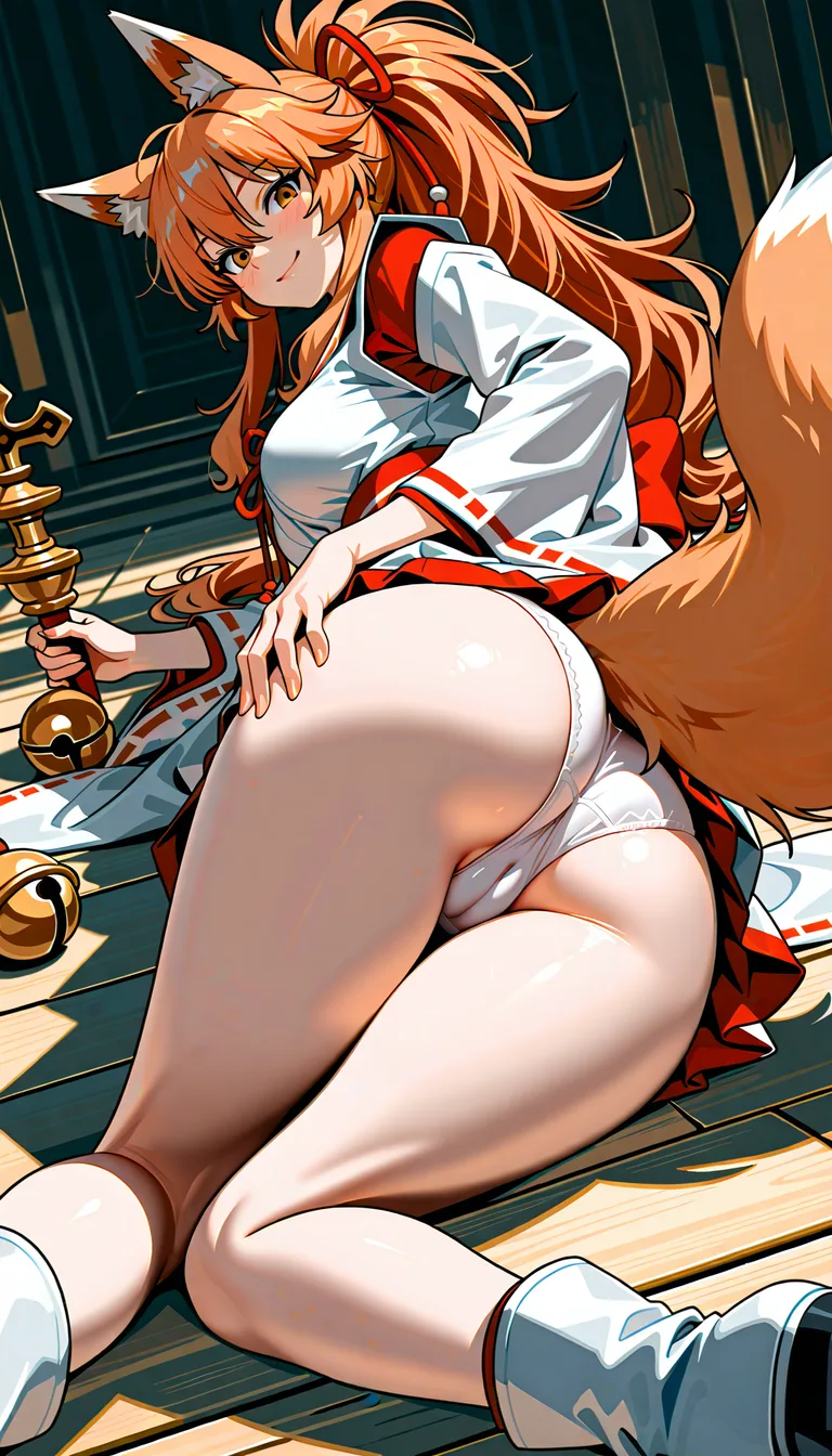 1 Masterpiece, natural perky medium breasts, beige fur, panties, beside ass, smile, Cameltoe, outfit, from behind, lying on ground, thighs together, Ceroba Ketsukane, Kitsune (fox-like monster), no fox tail, humanoid anthropomorphic fox, beige fur, long wavy ginger-orange hair, donning attire modeled after a modified miko (shrine maiden) uniform, short kimono, short white dress where the top is structured like a traditional Japanese kimono, complete with red trimmings along the collar, hem, sleeves, thick red obi sash is tied around her waist to secure the dress, hair is held up in a high ponytail using a piece of red ribbon featuring a small gold bell right at the center, standard white boots that feature red trim along top edges, Her head features prominent fox ears, cozy disty office for single worker room background ... single continuous shot, full widescreen view, one single image, uninterrupted scene, no borders, no panels, wide angle cinematic photograph, single perspective, edge-to-edge frame ... modern digital drawing style, clean monoline ink linework, flat cel shading with minimal soft gradients, vibrant color palette with high-contrast accent tones, minimalist geometric background elements, crisp vector-like finish, contemporary graphic illustration., hentai_studio_quality