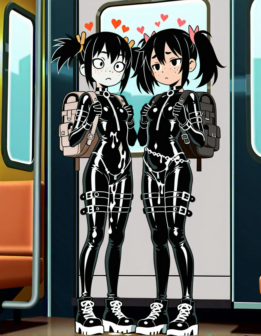 2 girls, ebony and white skin, latex bodysuits with many straps and zips, choker, standing in bus,, white platform shoes, cum stains on belly, backpack, freckles, pigtails, belly chain, weapon, hair_ornament, heart, hentai_studio_quality, hentai_studio_quality, (anime style:1.3), 2d, anime screencap, cel shading, flat color