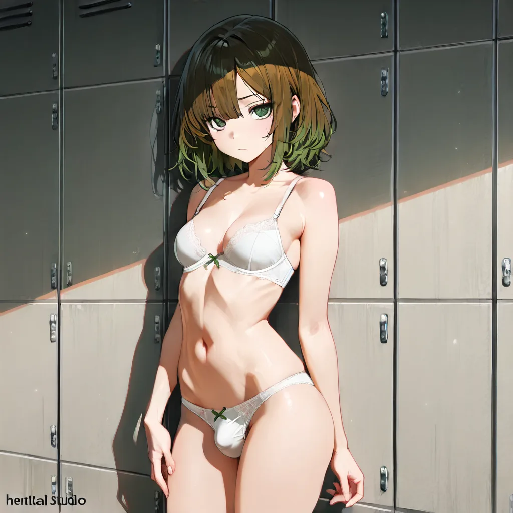 femboy, brown_hair , green_eyes, standing , medium_hair , bra , panties, bulge, hentai_studio_quality