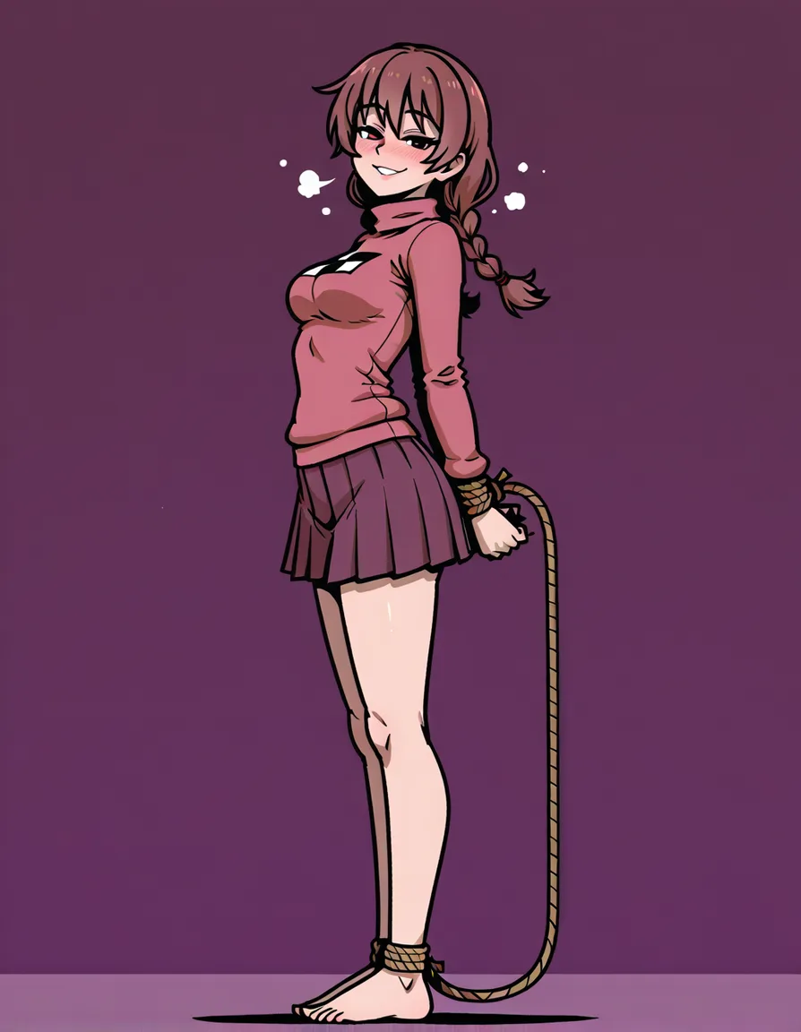 /ultra_detailed, #akairiot_artstyle, @madotsuki, yume_nikki, 1girl, solo, aged_up, medium_breasts, brown_hair, twin_braids, blush, naughty_face, print_sweater, checkered_sweater, pleated_skirt, arms_behind_back, bound_wrists, rope, legs, full_body, standing, looking_at_viewer, from_side, hentai_studio_quality