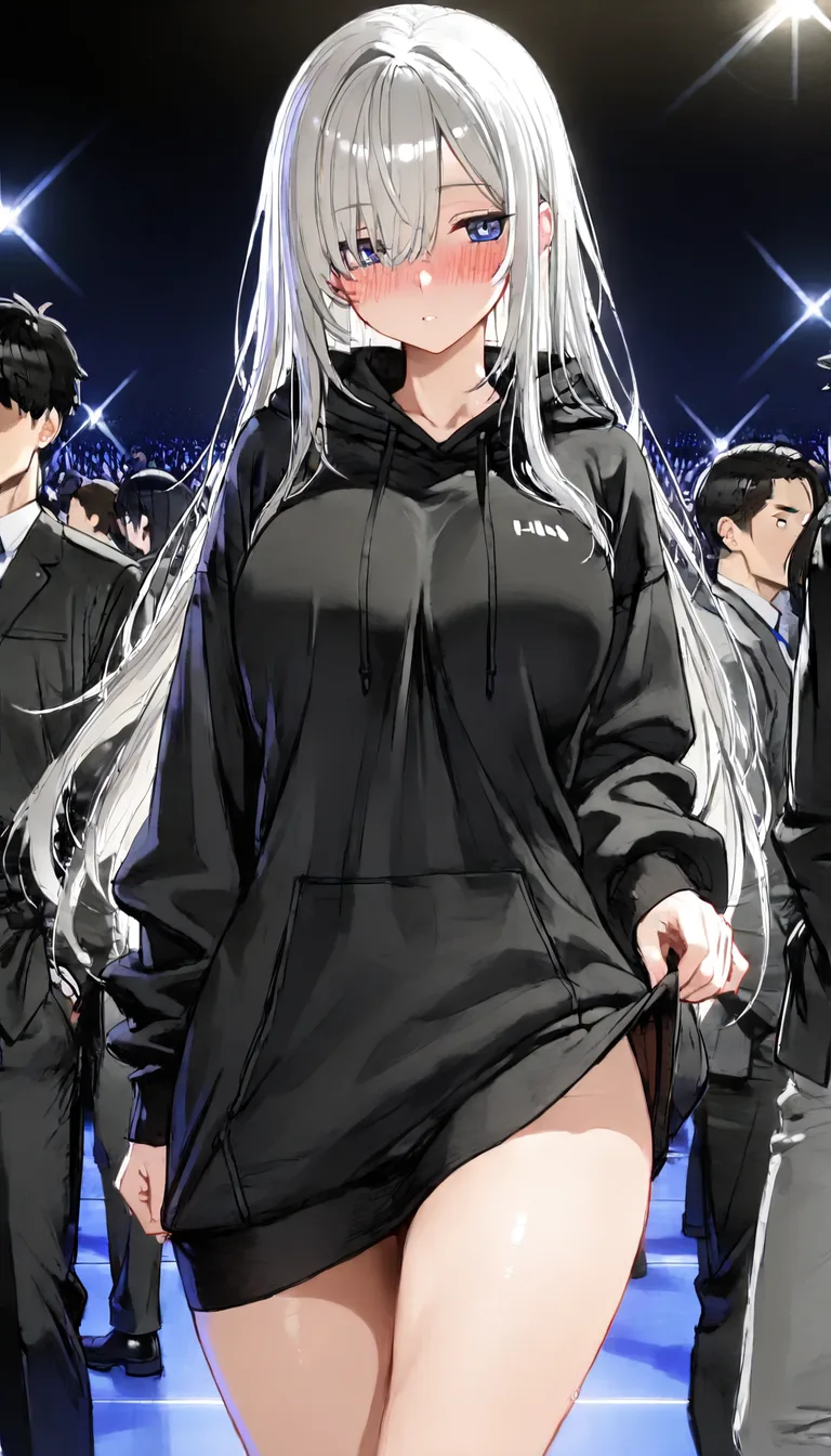 wide hipped college girl stripping on stage for cash, she takes all her clothes off, blushing and looking at all the hungry eyes watching her in the crowd, crowd visible