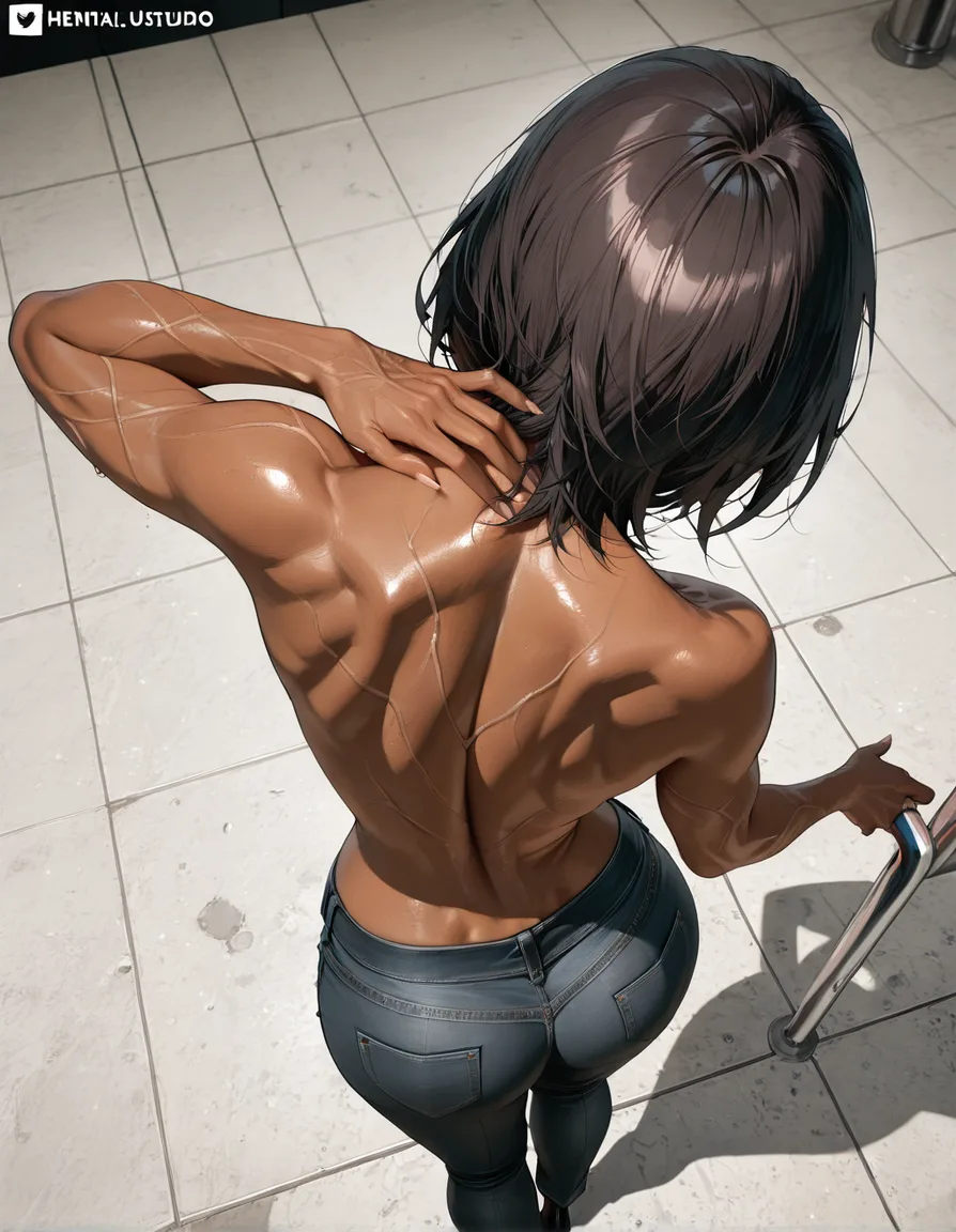 8k, sharp focus, detailed skin, from above, milf, topless, petite adult woman, wild energy, 8k uhd photo, hentai_studio_quality