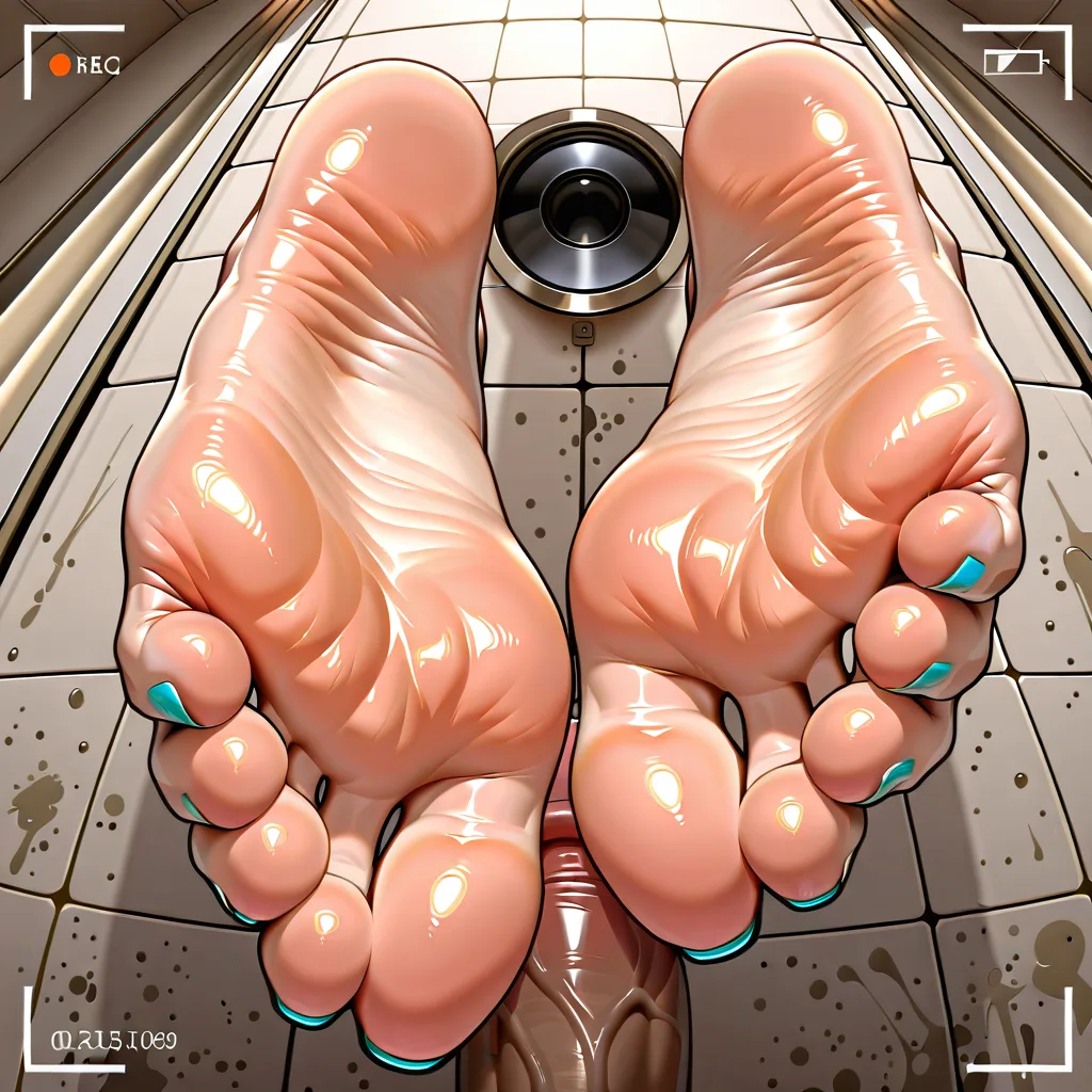 masterpiece, best quality, absurdres, hentai, 1girl, adult slut, huge breasts, gloryhole, (toe focus:1.7), toes spread near camera, painted nails, penis through wall in background, dirty bathroom, from below, nsfw, hentai_studio_quality