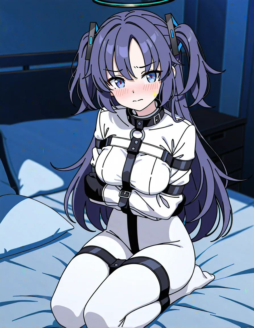 @yuuka_(blue_archive) #front view#looking_at_viewer #bedroom #seiza #1girl #blush #pillow #night #white_pantyhose #straitjacket #bound_arms #mittens #dark_bedroom#arm_under_breasts #bound_legs,, (anime style:1.3), 2d, anime screencap, cel shading, flat color