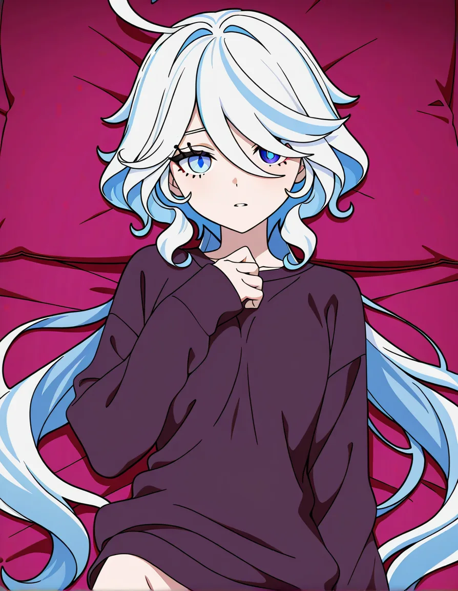 @furina_(genshin_impact) bedroom lying_on_bed pillo full_body looking_at_viewer from_front, (anime style:1.3), 2d, anime screencap, cel shading, flat color, hentai_studio_quality
