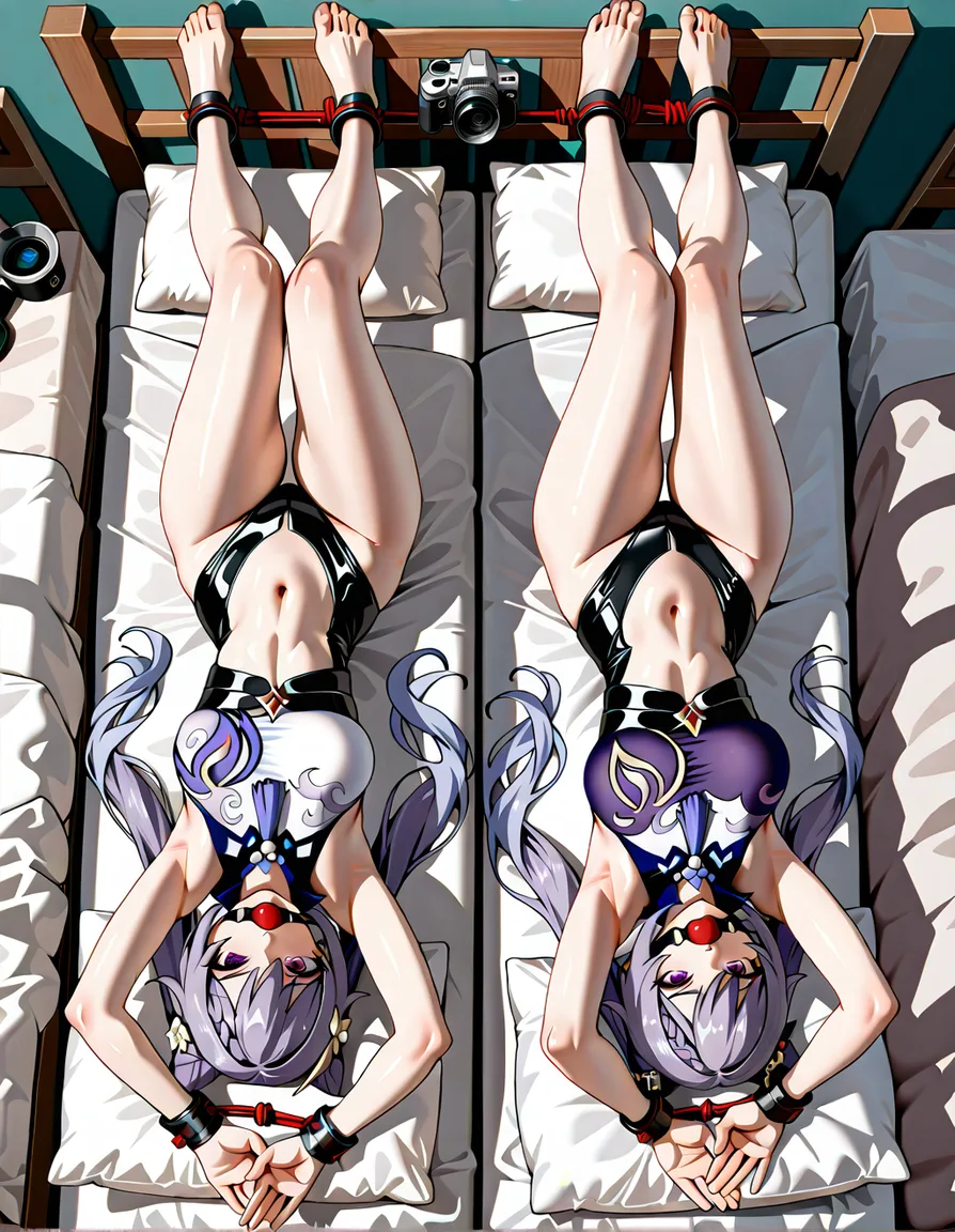 Keqing_(genshin_impact), bedroom, pillow,((large X-shaped spread-eagle pose)), ((both arms stretched widely apart diagonally upward)), ((both legs stretched widely apart diagonally downward)), left wrist restrained separately to the upper-left corner of the bed, right wrist restrained separately to the upper-right corner, left ankle restrained separately to the lower-left corner, right ankle restrained separately to the lower-right corner, ((four separate ropes extending outward from each limb to four different bed corners)), limbs pulled away from each other, no rope connecting a wrist to an ankle, body centered on the mattress, ((perfect top-down overhead view)), camera directly above looking straight down, symmetrical composition, entire body and all four restraint points, leather cuffs, ball gag, annoyed, hentai_studio_quality