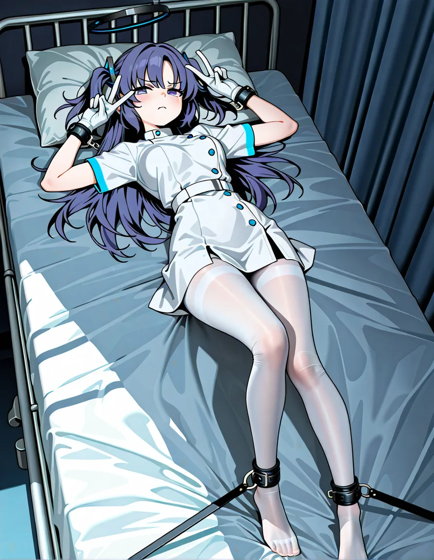 high angle shot, full body view.
 
yuuka (blue archive), wearing white nurse outfit, with white gloves and long white pantyhose, with annoyed expresion, spread eagle pose, X pose, ((no hair accessories)).

Hospital bed, lying on back, lying on bed with white pillow, dark room with dim light.

 bondage, restrained, right hand is restrained with white belt that connected to the right top corner of the bed, left hand is restrained with white belt that connected to left top corner of the bed, right leg restrained using belt attached to right bottom corner of the bed, left leg restrained using belt attached to left bottom corner of the bed., hentai_studio_quality