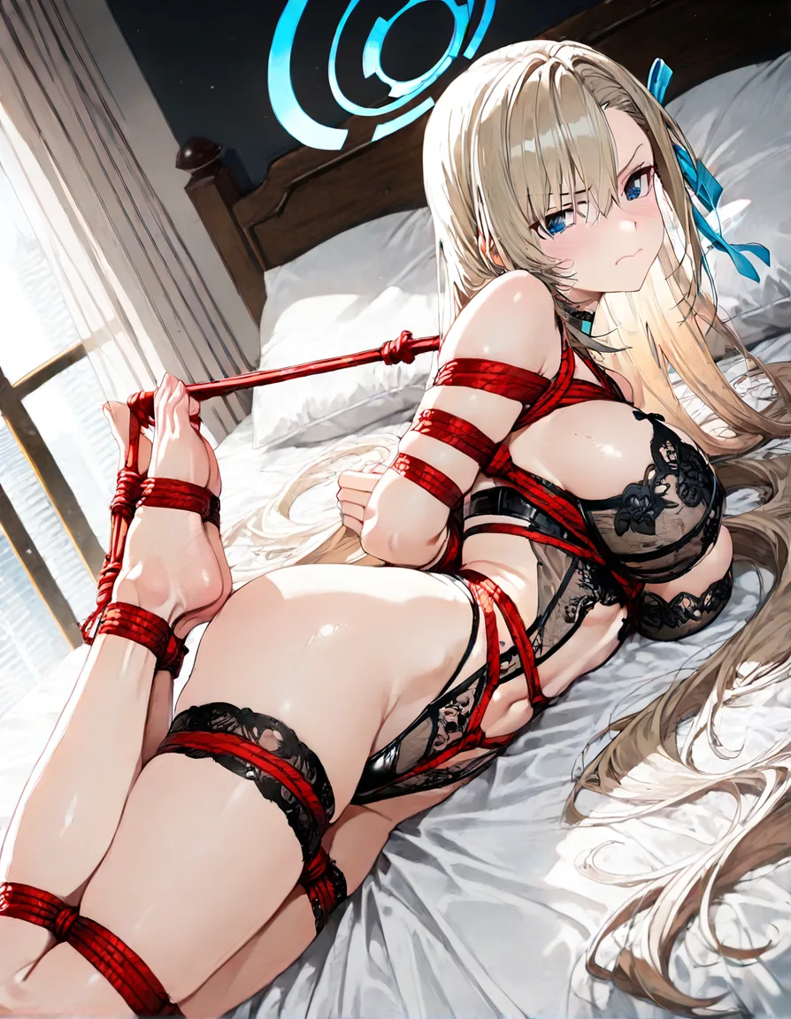 @asuna_(blue_archive) lingerie bedroom on_stomach bondage shibari hogtied annoyed, from_side, hentai_studio_quality