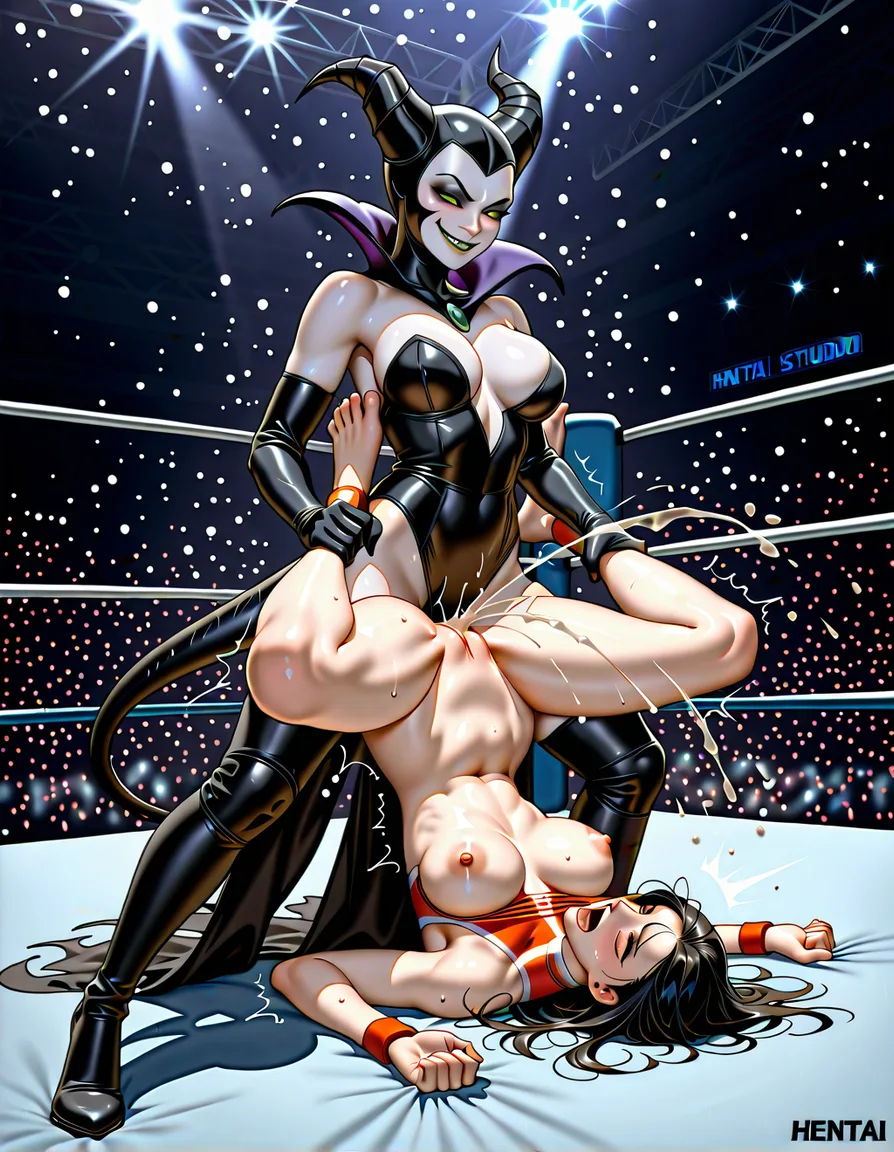 2girls , maleficent evil_smile  , yuri , sex , wrestling , wrestling_ring , strapon , cumming, squirting , orgasm , defeated, piledriver, hentai_studio_quality, hentai_studio_quality, hentai_studio_quality, hentai_studio_quality, hentai_studio_quality