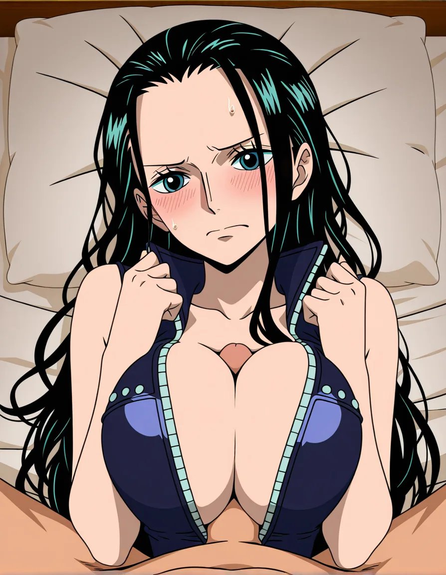 Nico Robin, paizuri, pov, embarrassed, blush, aroused, in bed, clothed,, (anime style:1.3), 2d, anime screencap, cel shading, flat color, @00osamio00