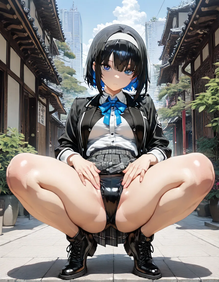 ultra detailed shading, solo female, presenting, black footwear, hairband, outdoors, manga panel look, hentai_studio_quality