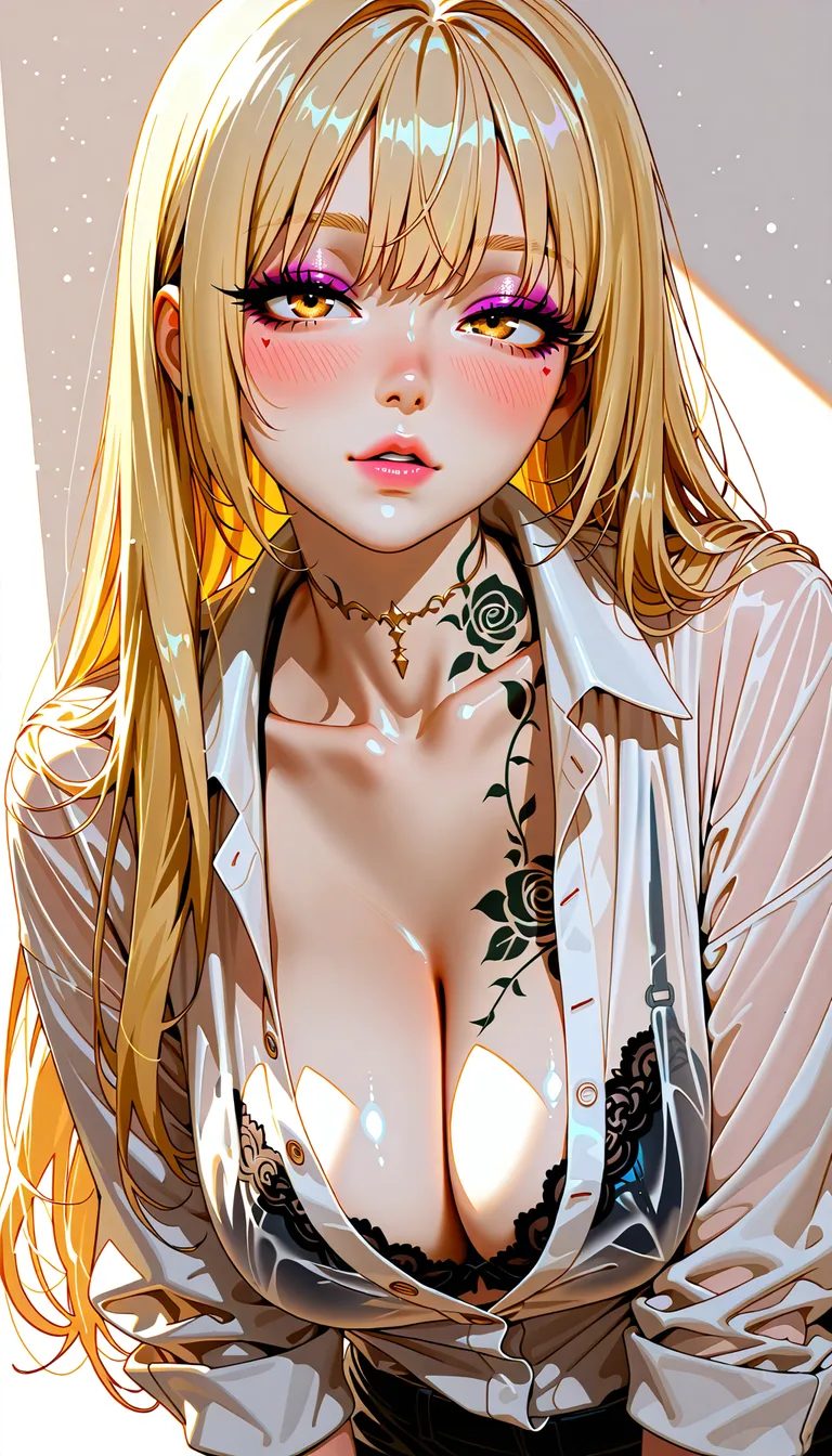 Blonde hair, long golden blonde hair, silky straight hair, voluminous hair, layered hair, wispy bangs, see-through bangs, loose face-framing strands, fair skin, smooth skin, delicate facial features, oval face, slim jawline, small nose, amber-gold eyes, sharp eyes, narrow eyes, half-lidded eyes, long eyelashes, defined eyeliner, subtle eyeshadow, warm golden eye makeup, pink blush, rosy cheeks, glossy coral-pink lips, slightly plump lips, naturally parted lips, elegant eyebrows, feminine features, ethereal beauty, mature feminine appearance, cool beauty, alluring appearance, elegant aura, long neck, visible collarbones, rose tattoo on the side of her neck, intricate black-and-grey floral tattoo, detailed rose tattoos, botanical tattoo designs, rose tattoo on her wrist, multiple fine-line tattoos, black bra, white oversized button-up shirt, crisp white fabric, loose collar, open collar, partially unbuttoned shirt, rolled-up sleeves, soft fabric folds, delicate skin texture, glossy hair highlights, golden hair reflections, warm blonde tones, subtle lavender highlights, soft pink undertones, semi-realistic anime art style, highly detailed facial rendering, realistic skin shading, intricate linework, painterly illustration, glossy finish, dramatic lighting, soft shadows, high contrast, luxurious color palette, fellatio, large_breasts