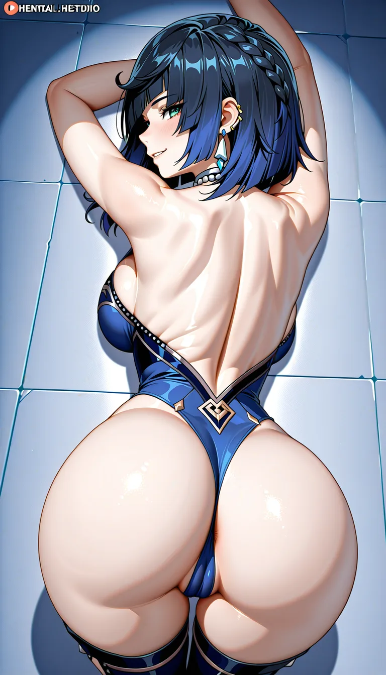 Masterpiece, Yelan Character from Genshin Impact, cameltoe, medium_breasts , from above, from behind, warm smile, cold palace background, scale:0.1 for:, hentai_studio_quality, hentai_studio_quality, hentai_studio_quality, hentai_studio_quality, hentai_studio_quality, hentai_studio_quality, hentai_studio_quality, hentai_studio_quality, hentai_studio_quality