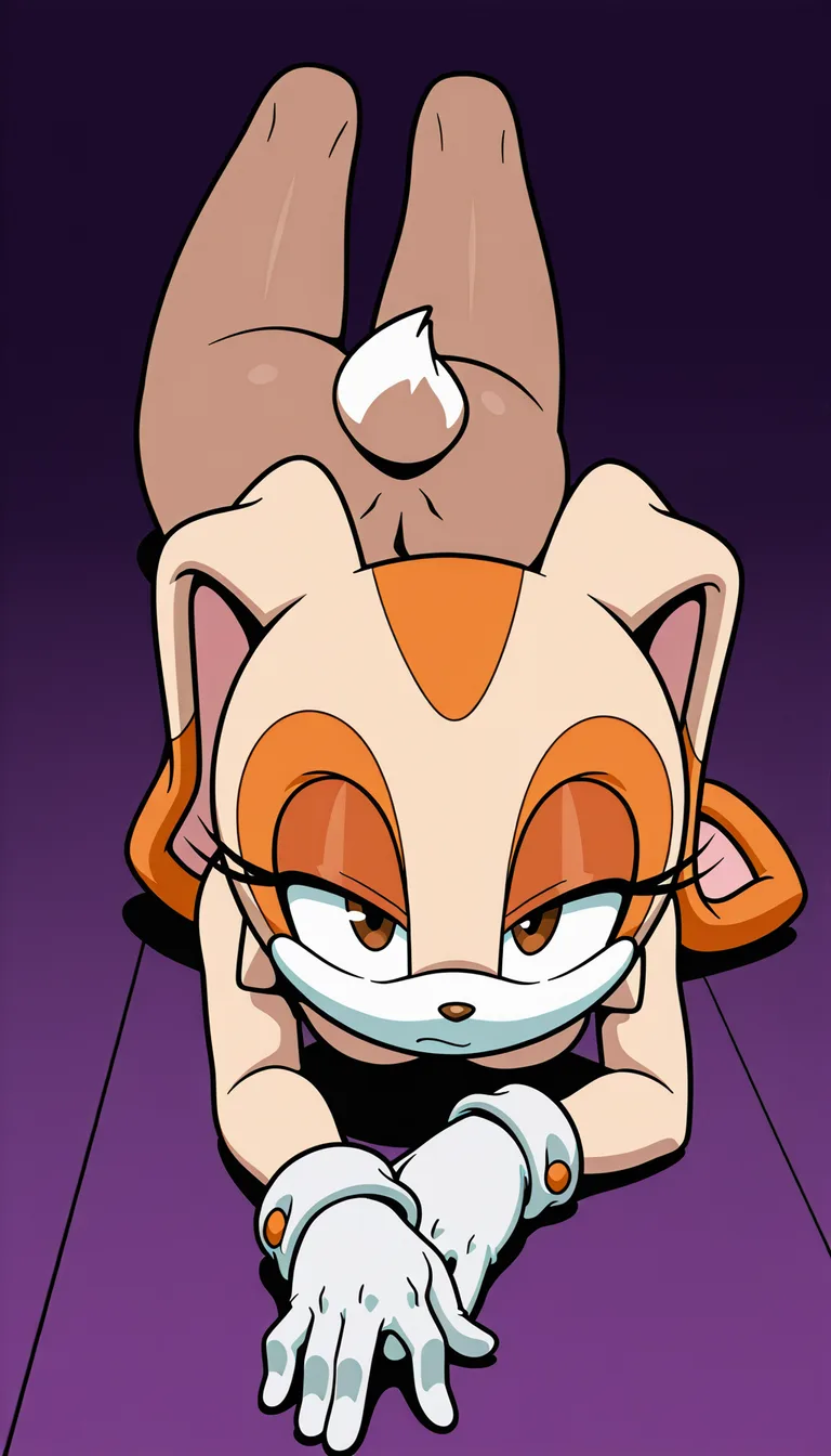 Cream the Rabbit, aged-up mature female, cream and orange fur, long floppy ears, white gloves, lying down, looking up at the viewer, sultry expression, half-lidded eyes. [[**2D hand-drawn cartoon screencap from a 2000s television show, entirely flat matte colors, zero 3D shading, thick black ink outlines, sharp cel-shaded shadows, coloring-book style, simple solid purple background, drawn with vectors, absolute zero realism.**]], hentai_studio_quality, hentai_studio_quality