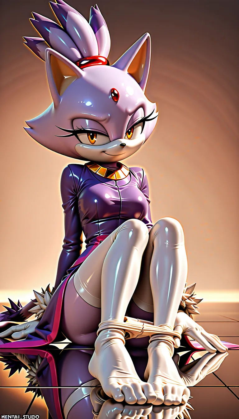 Blaze the Cat, classic Sonic franchise art style, wide white muzzle, feline nose, mature adult female anthropomorphic cat, purple fur, red forehead jewel, gold collar. (Art Style: High-end modern 3D cel-shaded digital illustration, glossy white legwear, thin precise lineart, polished lighting, volumetric warm golden rim light, soft gradient shadows, semi-realistic anime style, reflective glossy floor, thin black outlines). Confident smirk, half-lidded seductive eyes, pulling leggings down, sitting on a luxurious floor. Masterpiece, sharp focus, digital painting, warm ambient background., hentai_studio_quality, hentai_studio_quality, hentai_studio_quality, hentai_studio_quality, hentai_studio_quality