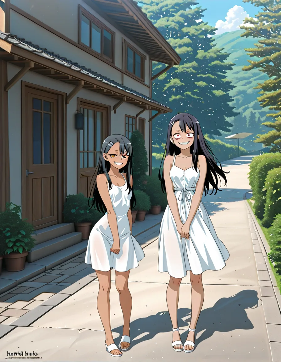 /masterpiece /ultra_detailed /best_quality /highres /sharp_focus #2girls @nagatoro_hayase and @kitagawa_marin #sundress #full_body #outdoors, hentai_studio_quality