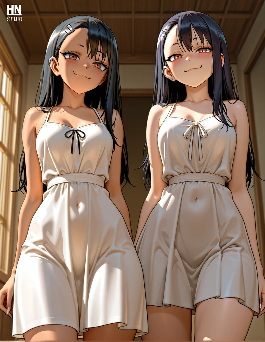 /masterpiece /ultra_detailed /best_quality /highres /sharp_focus #2girls @nagatoro_hayase @kitagawa_marin #sundress, hentai_studio_quality